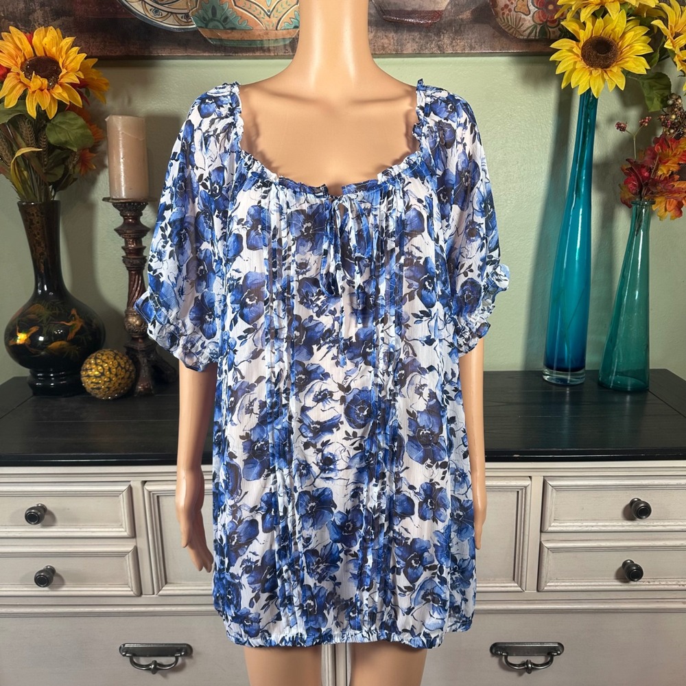 Torrid Blue Floral Chiffon Blouse Romantic Boho Cottagecore Peasant